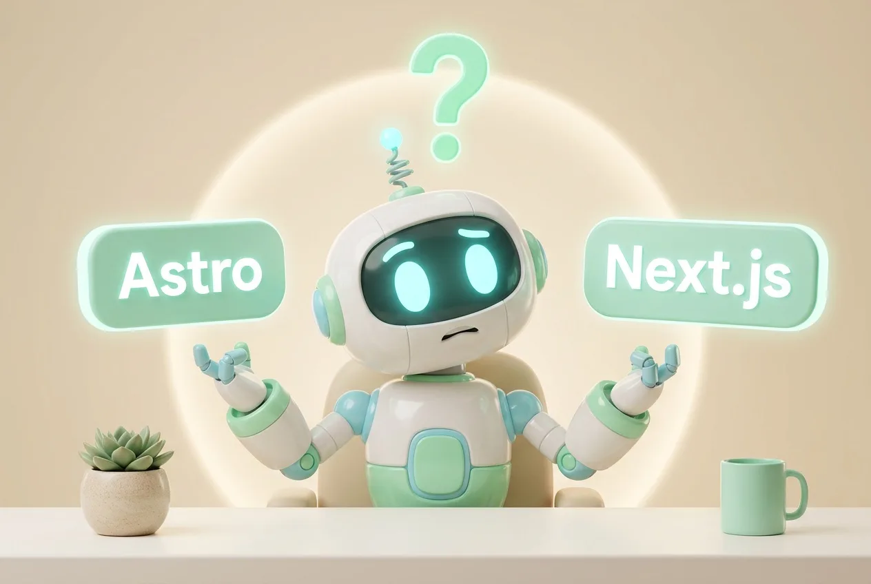 一个卡通机器人摊着手，左右两边分别浮着 Astro 和 Next.js 的牌子，头上一个问号